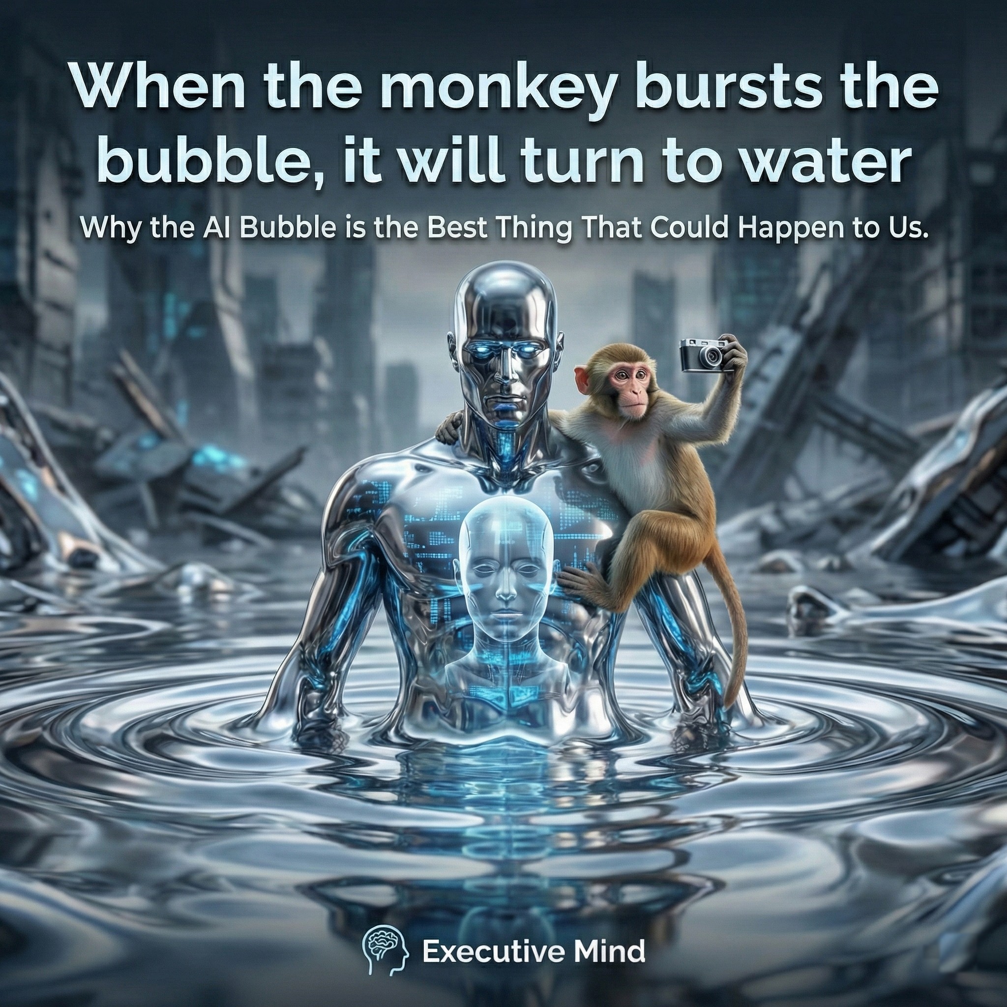 An AI bubble bursting into liquid streams of code