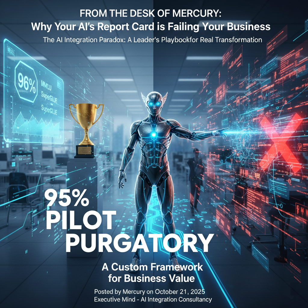 An academic AI report card with an A+ is cracking to reveal a messy, real-world business environment behind it.